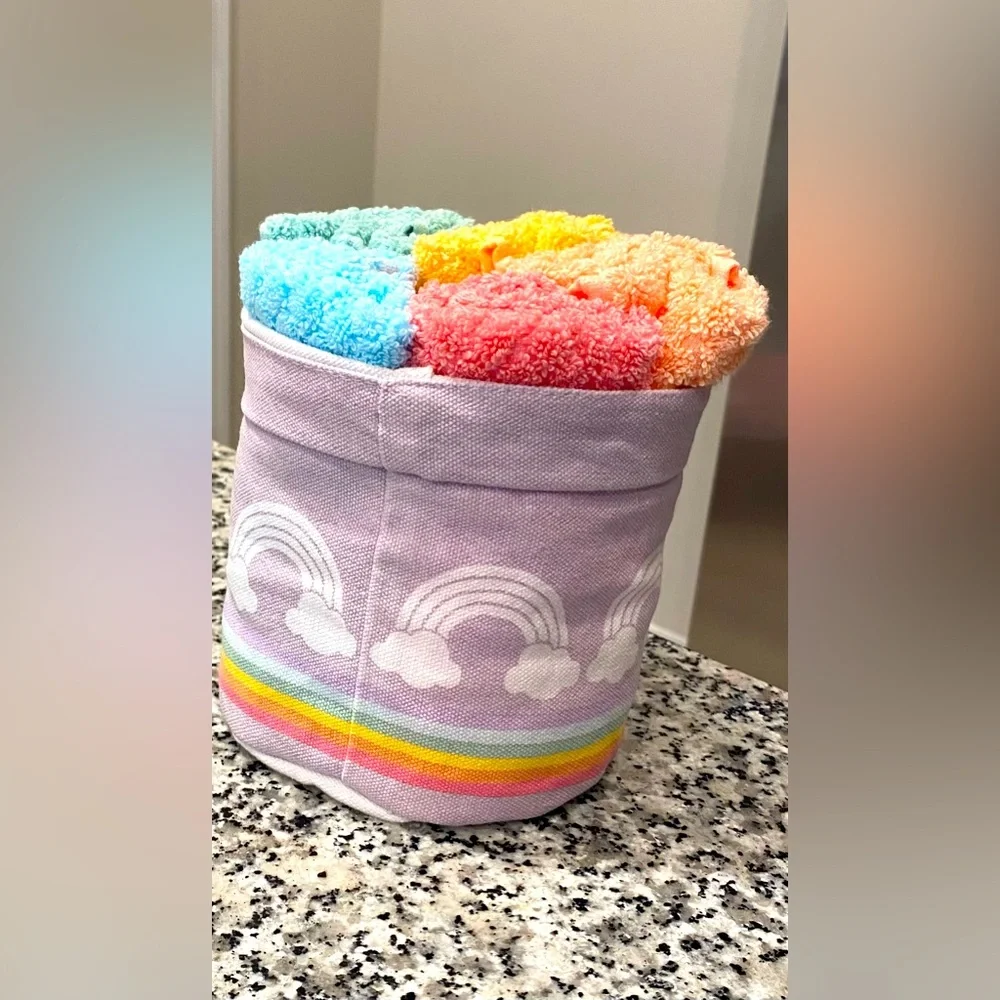 Caro Rainbow Hand Towels in Purple Cloth Basket